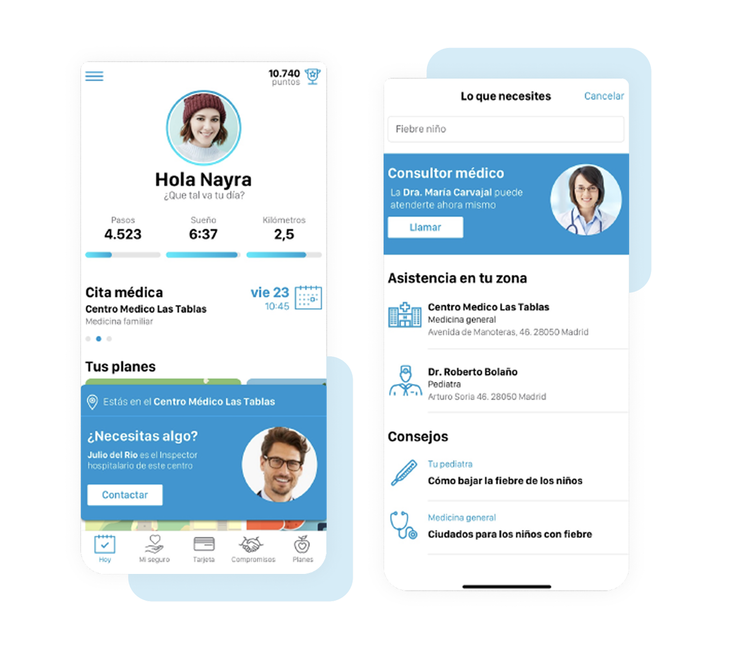 Pantalla de inicio de la app Adeslas junto a la asistencia médica cercana
