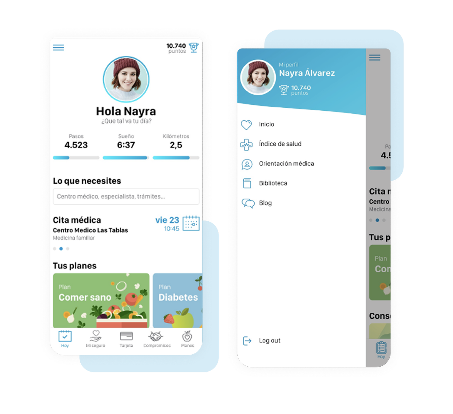 Pantalla de inicio de la app Adeslas junto al menú de perfil