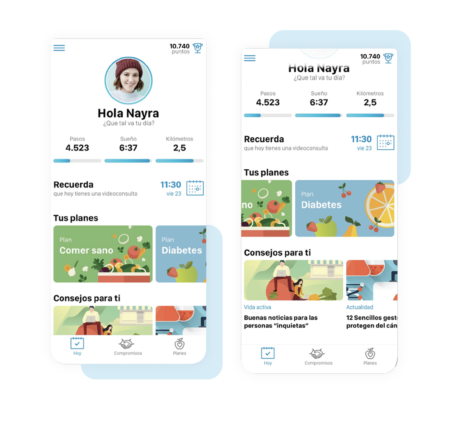 Pantalla de inicio de la app Adeslas con recordatorio de videoconsulta y consejos de salud