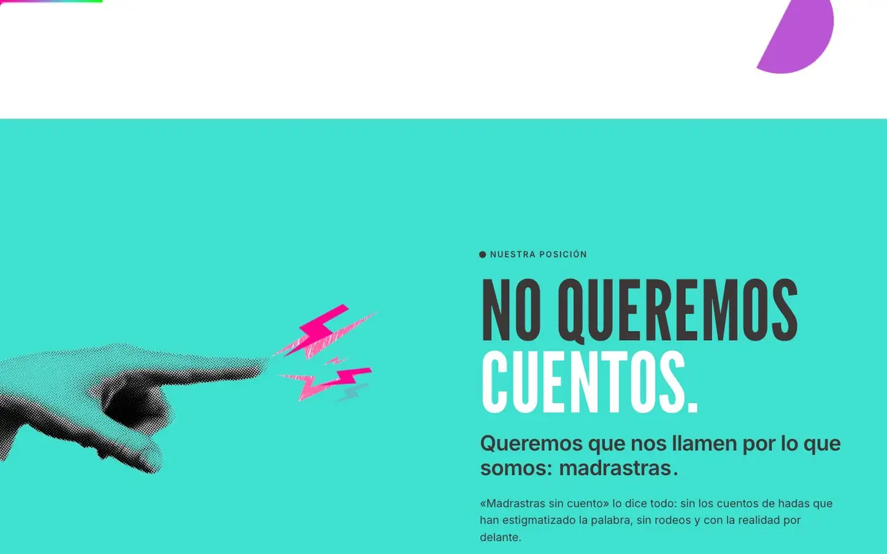 Animación: con el scroll aparece un subrayado magenta detrás de la palabra madrastras y la mano suelta rayos