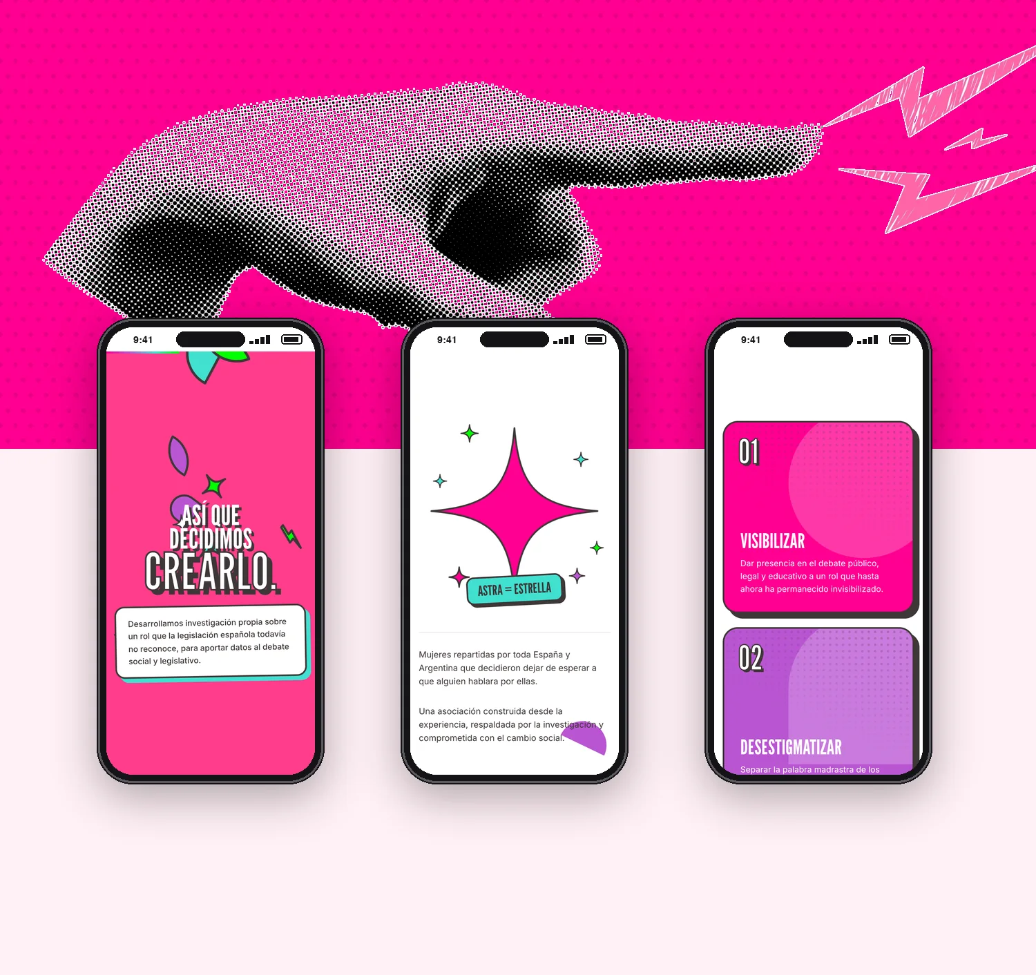Tres móviles con la web de ASTRAS sobre la mano en trama de puntos de la marca