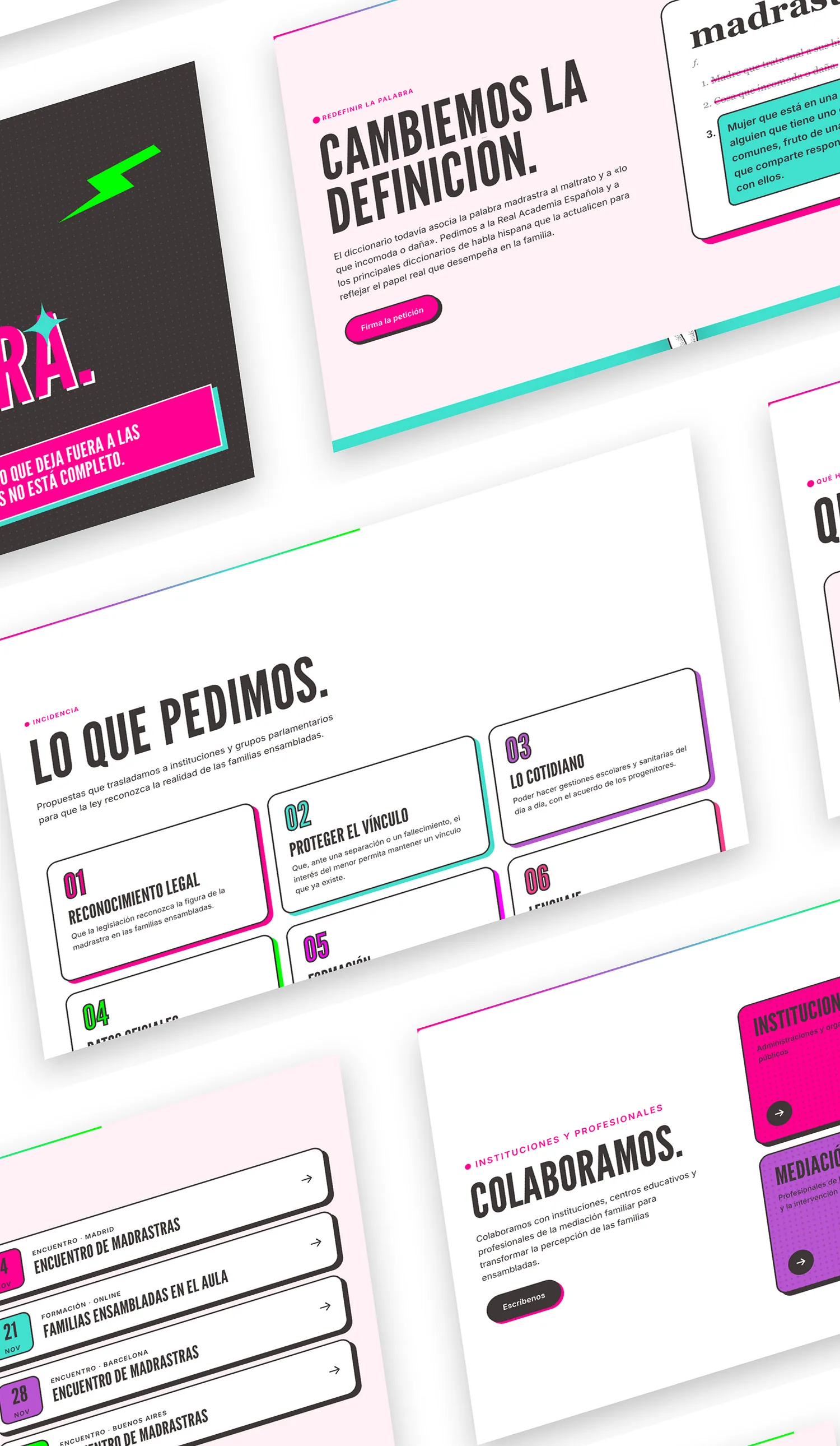 Collage de pantallas inclinadas con las secciones de la web de ASTRAS