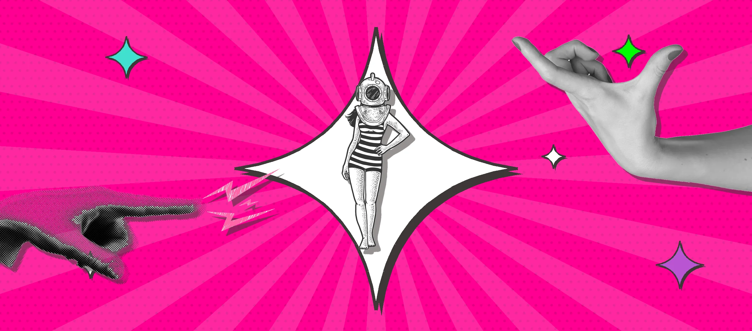 Collage pop art de ASTRAS: una mano señala a una buceadora dentro de una estrella sobre fondo magenta