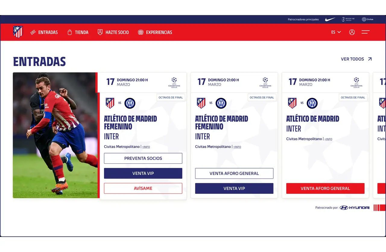 Animación con los módulos de la home: entradas, hazte socio, Atleti Gaming, campaña de producto, tienda y noticias