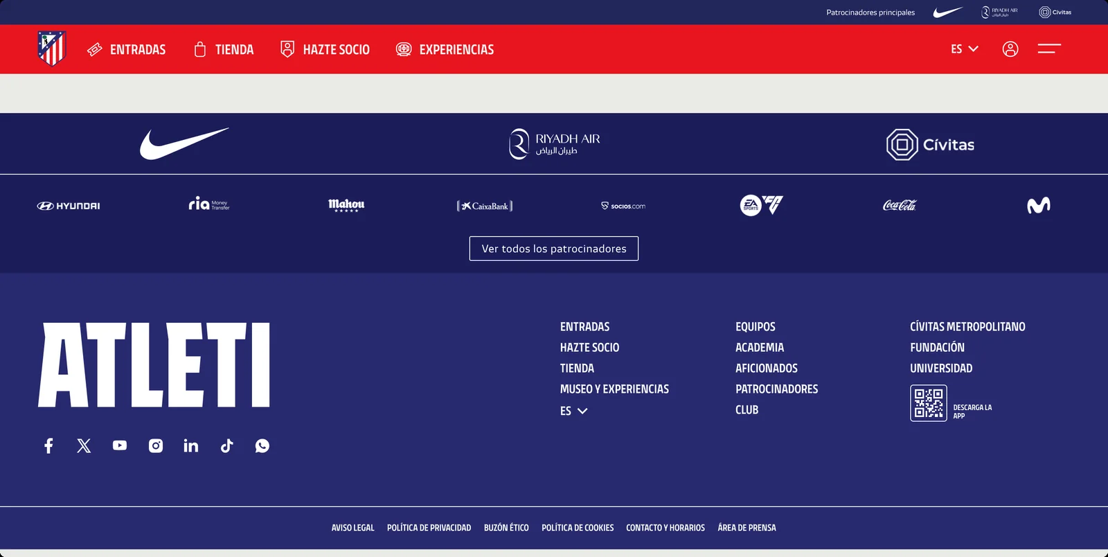 Footer con patrocinadores, mapa del sitio y redes sociales