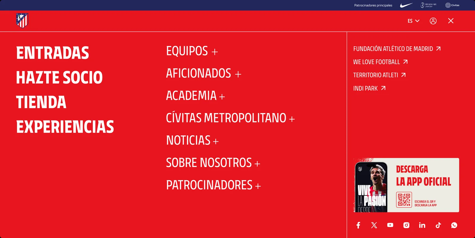 Menú a pantalla completa con los accesos principales, las secciones y la descarga de la app