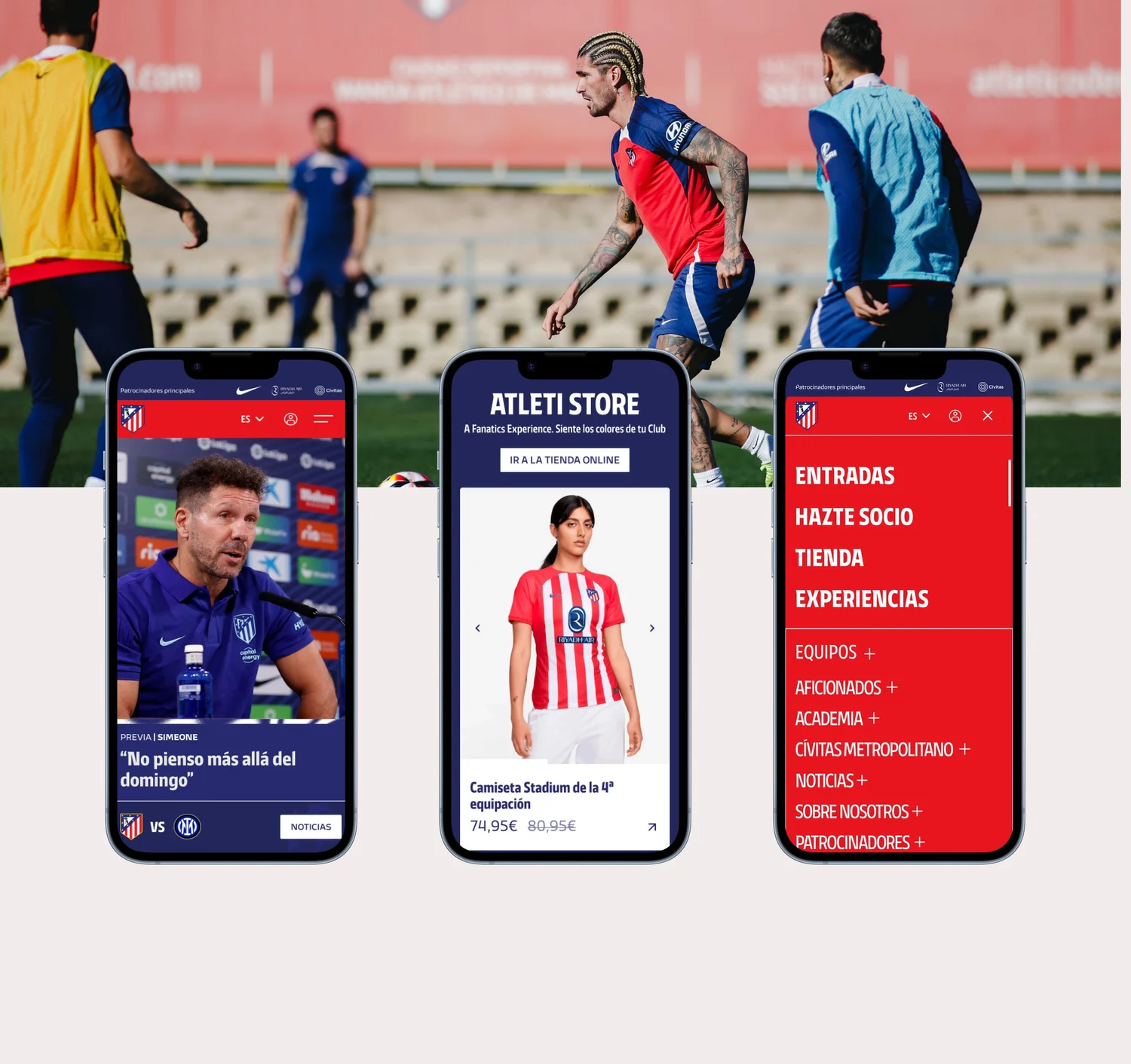 Pantallas móviles del sitio web del Atlético de Madrid