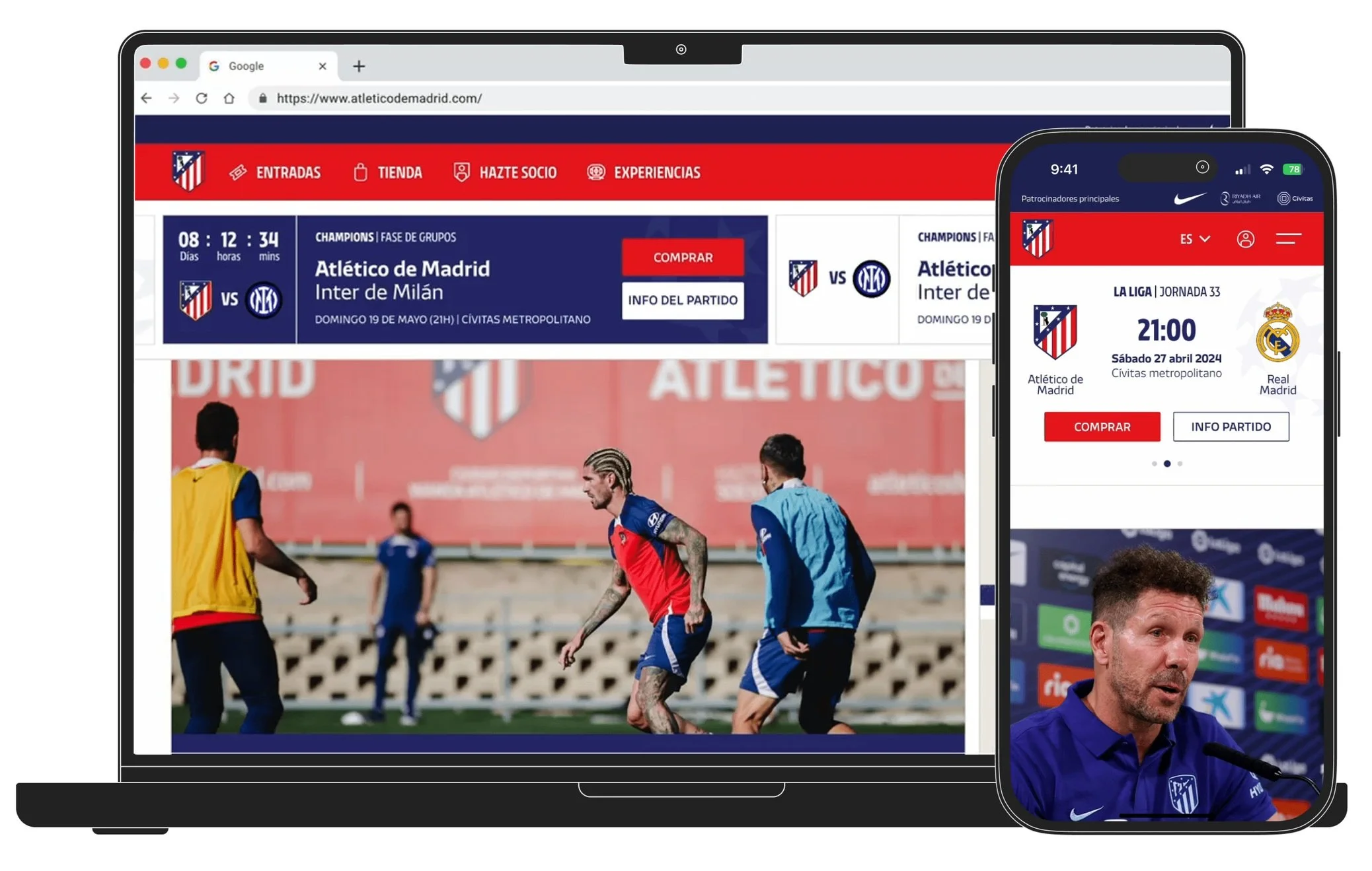Web del Atlético de Madrid en ordenador y móvil