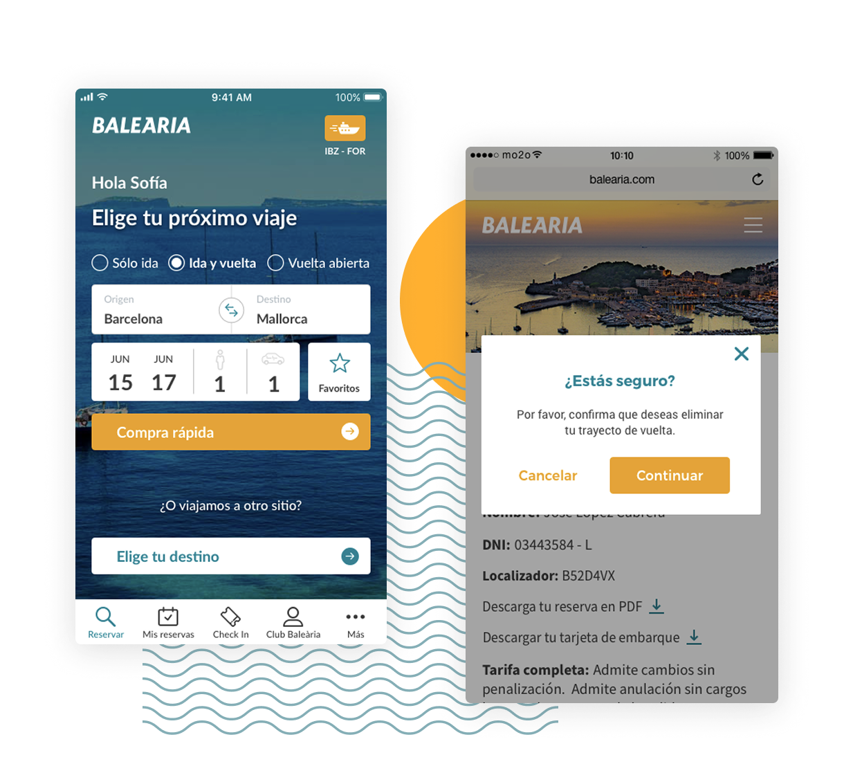 Pantalla de selección de destino y gestión de la reserva en la app de Baleària