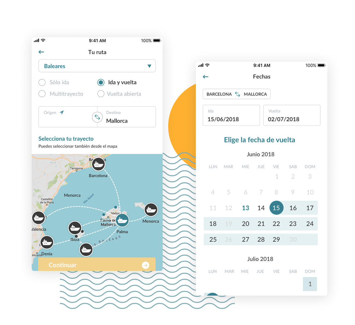 Pantalla de selección de ruta con mapa y calendario en la app de Baleària