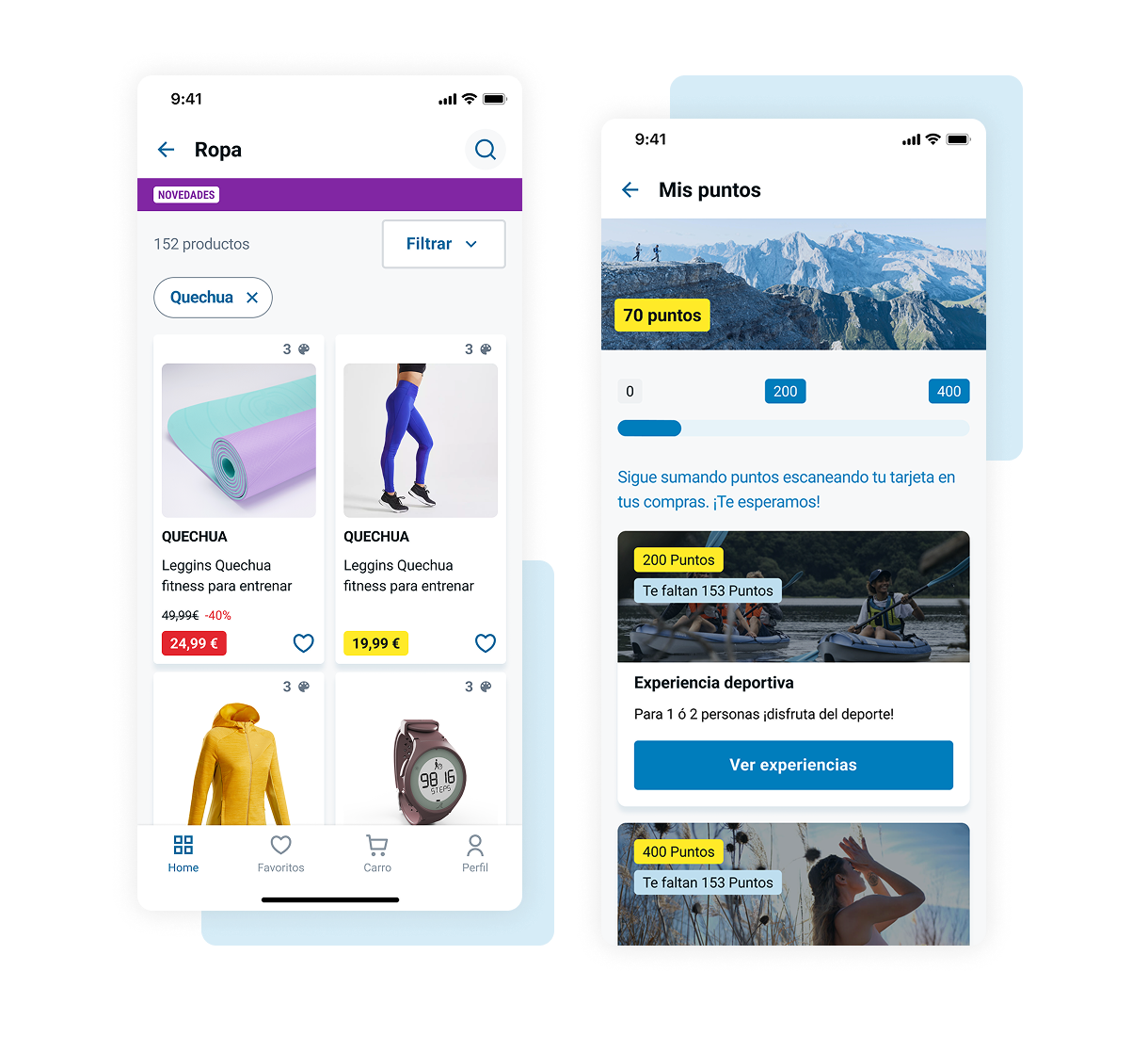 Pantallas de tienda y puntos de la app
