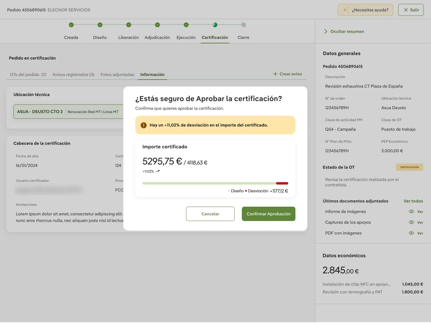 Modal de aprobación de la certificación con un aviso de desviación del 11% en el importe