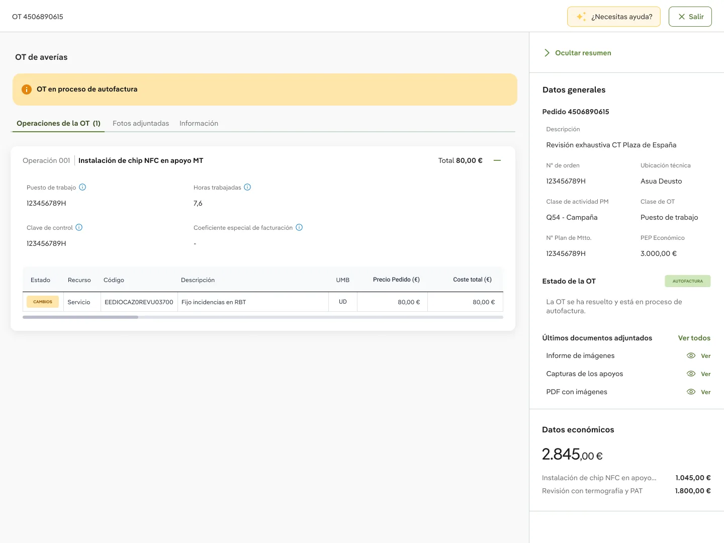 Detalle de una OT de avería en proceso de autofactura