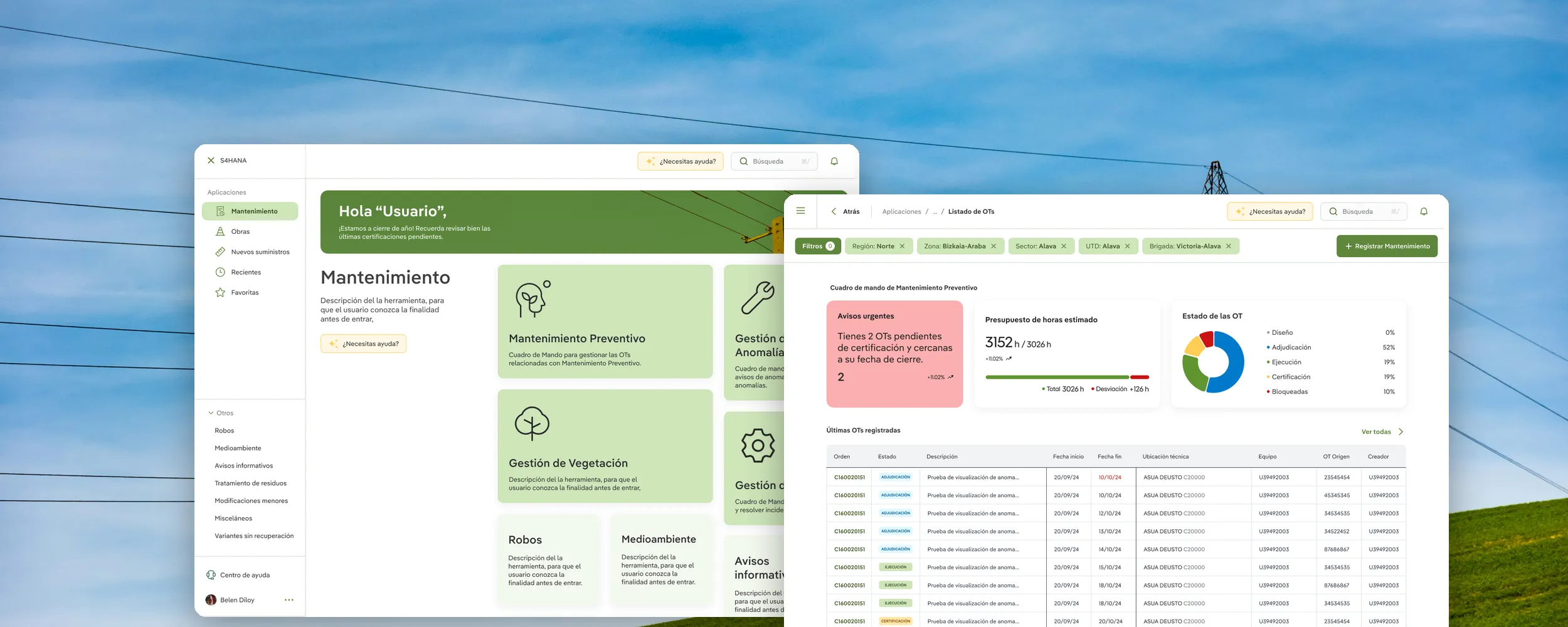 Home y cuadro de mando de mantenimiento preventivo de la nueva interfaz S4HANA de Iberdrola sobre una línea eléctrica