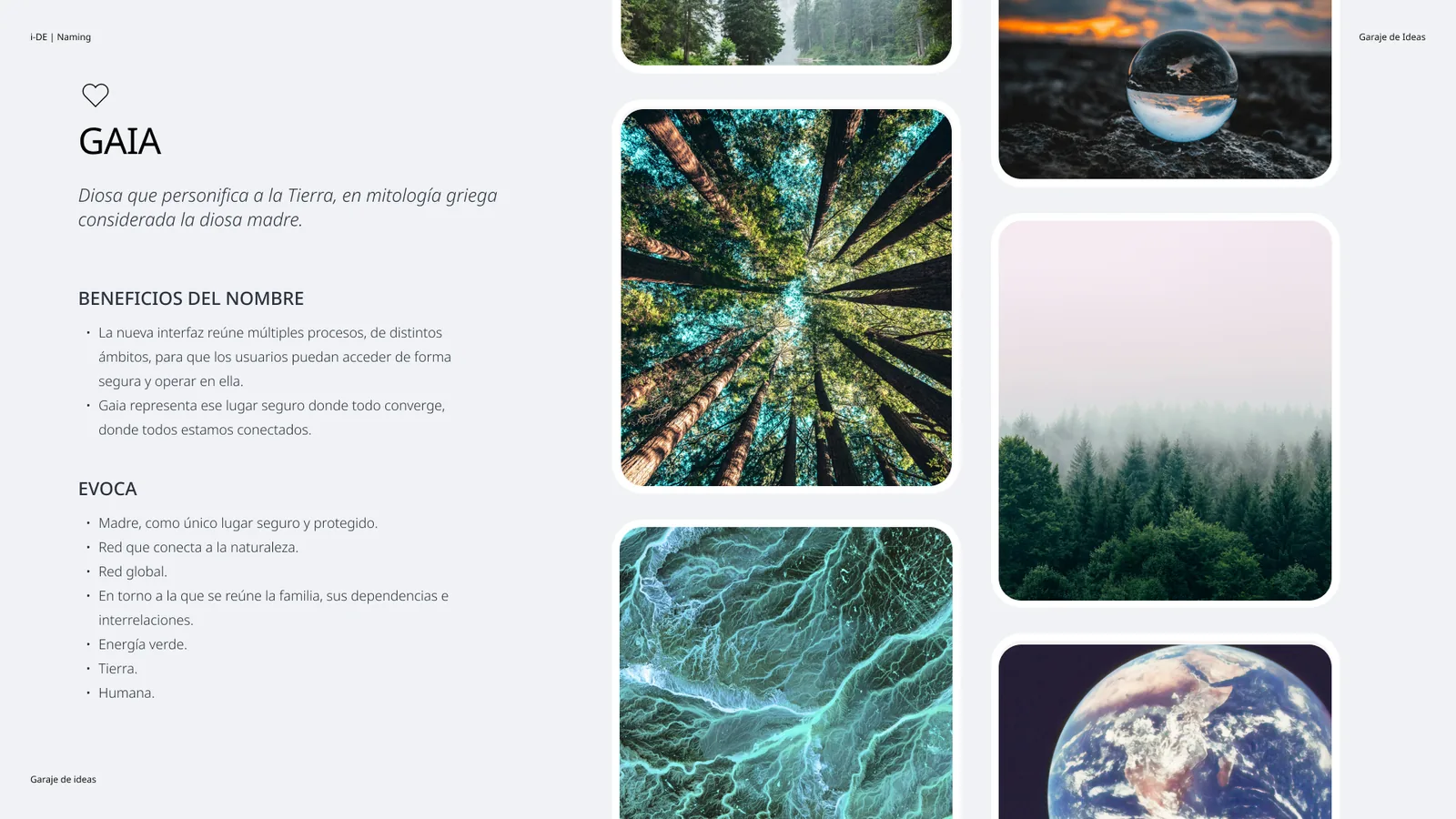 Diapositiva de la propuesta de naming GAIA con su significado y un moodboard de naturaleza