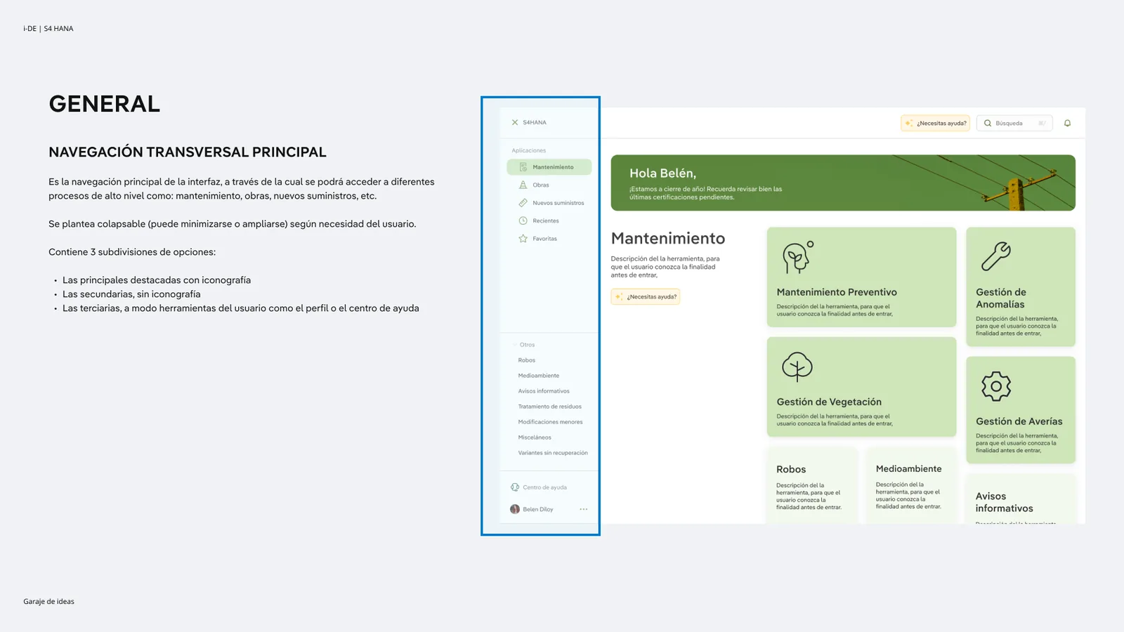 Diapositiva que explica la navegación transversal principal sobre la home de la interfaz