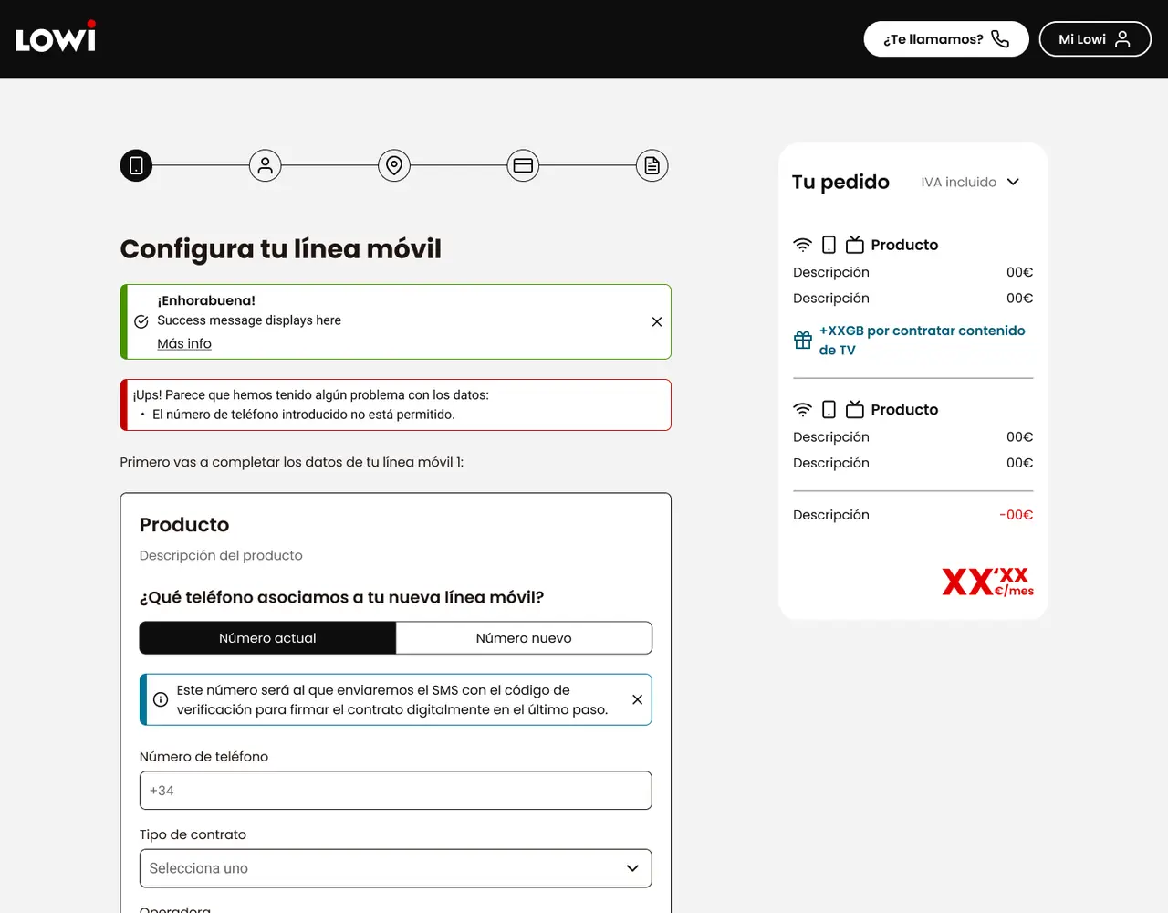 Animación del checkout rediseñado: configuración de la línea, titular, dirección, datos bancarios, detalles del pedido, firma digital y confirmación