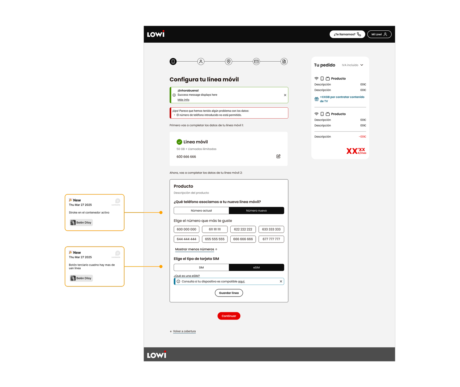 Pantalla de configuración de la tarifa